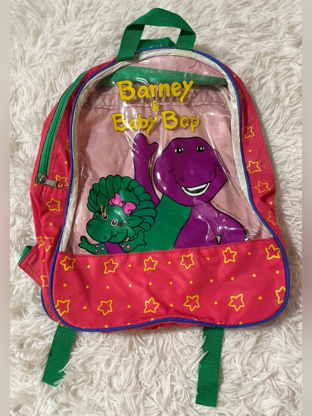 Vintage 1992 Barney Baby Bop Purple Dinosaur Stars Clear Childhood Backpack Rare
